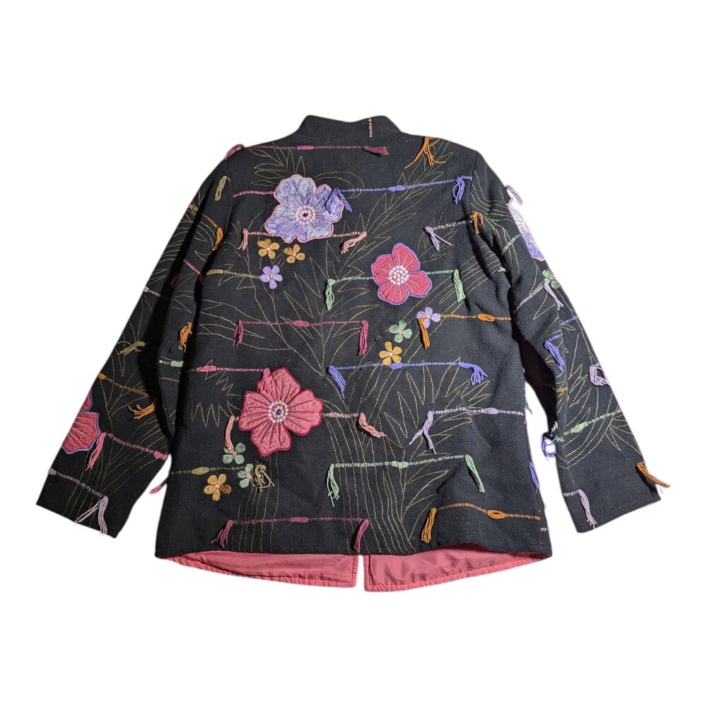 Vtg 1990s Indigo Moon Black Pink Floral Applique Mandarin Collar Jacket Sz M - Picture 2 of 5